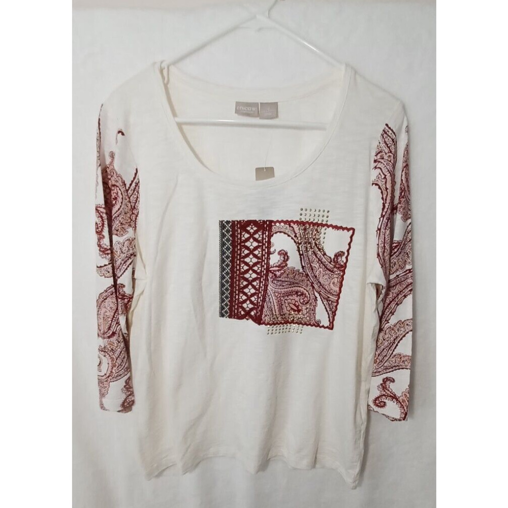 Chico's Zenergy Size 2 Top Shirt Round Neck 3/4 Sleeve Embellished Front Red NWT